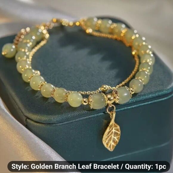Double-Layer Green Jade Beaded Bracelet with Sparkling Golden Leaf Charm - Picture 13 of 13